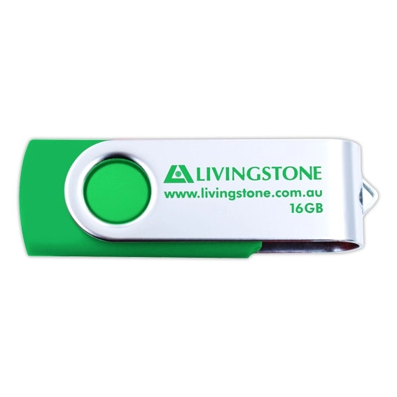 Livingstone USB Flash Drive 16GB 3..0 Green and Silver Rotating Cap