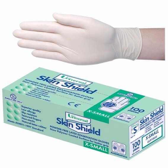 Universal Skin Shield Latex Powder Free Extra Small Cream Gloves AS/NZ 100 Box