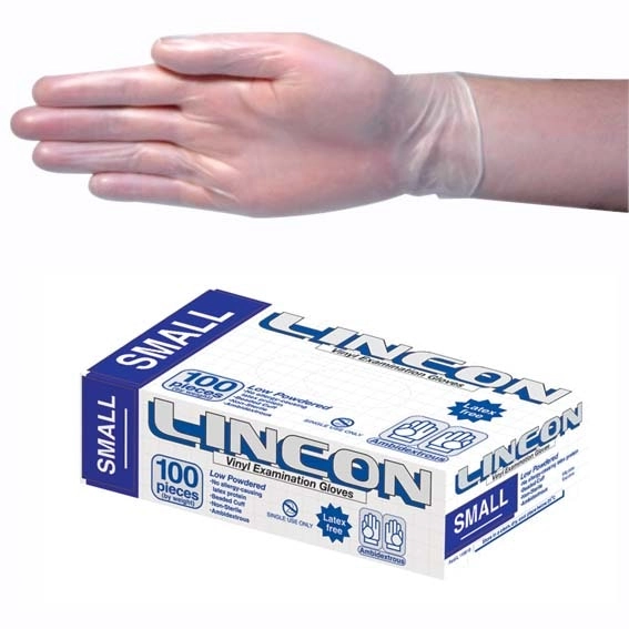 Lincon Vinyl Low Powder Gloves 5.5g Small Clear 100 Box