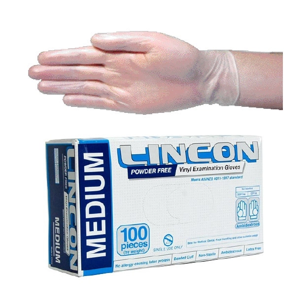 Lincon Vinyl Examination Gloves, Recyclable, 6.0g, Powder Free, Medium, Clear, HACCP Grade, 100/Box