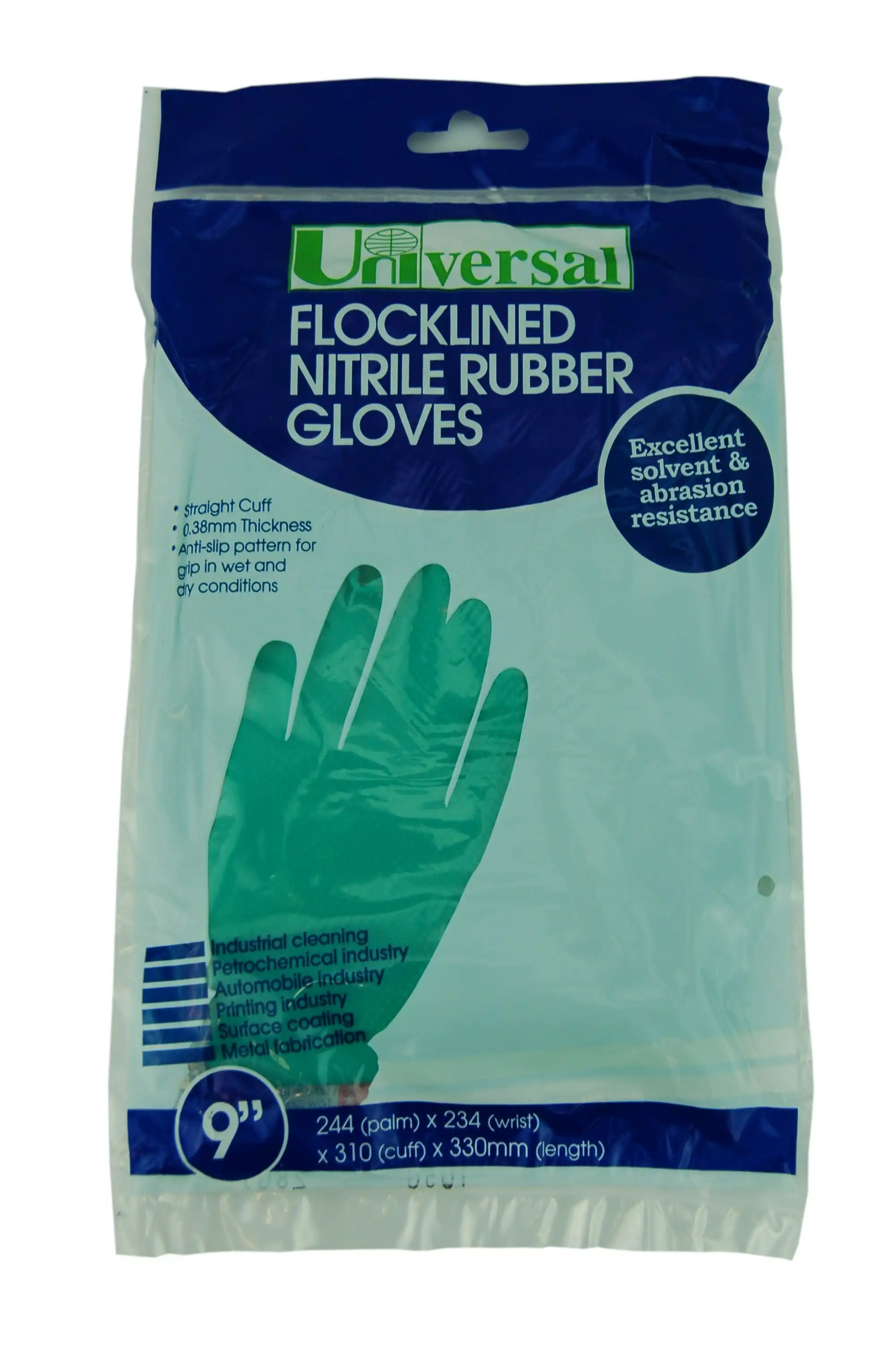 Universal Flocklined Nitrile Gloves Heavy Duty size 9 33cm Long Green 1 Pair