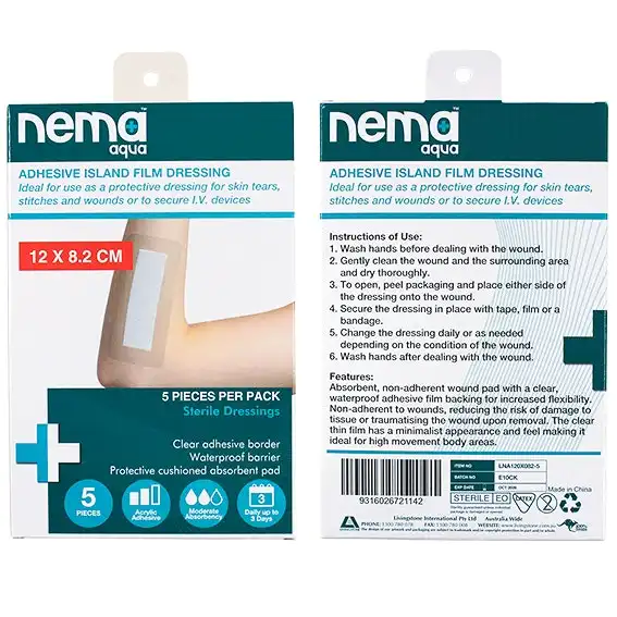 Nema Aqua Transparent Island Film Dressing with Non-Adherent Pad 12 x 8.2cm Sterile 5 Pack