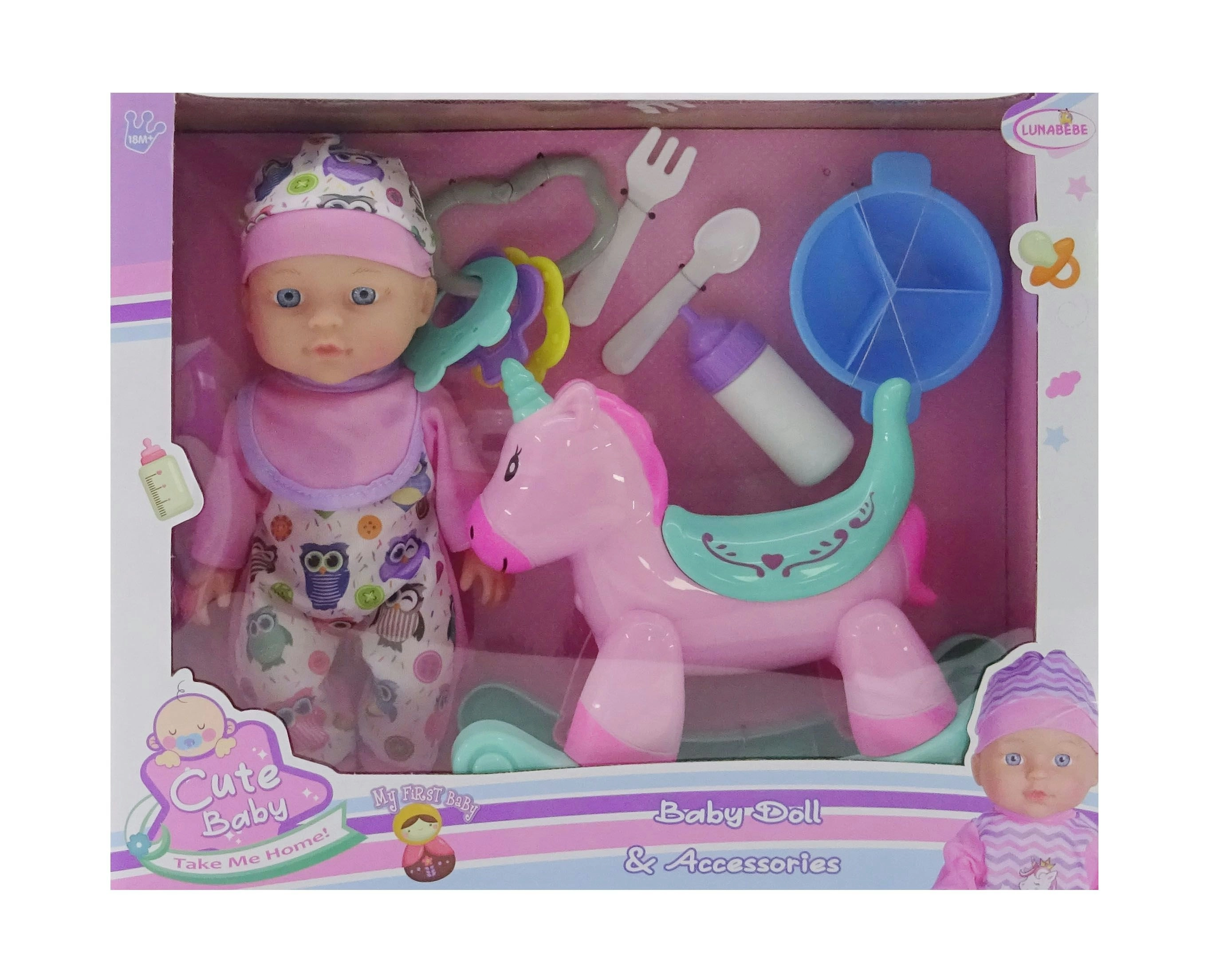 Baby Doll with Rocking Unicorn 7pcs 30cm