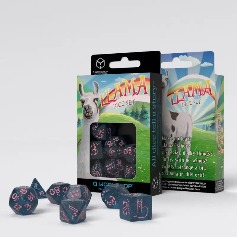 Q Workshop Llama Glittering Dark Blue And Pink Dice Set 7