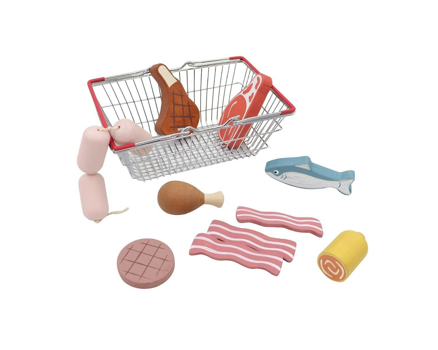 Kaper Kidz Wooden Meat & Fish Playset w/Metal Basket Kids Pretend Play Toy 18m+