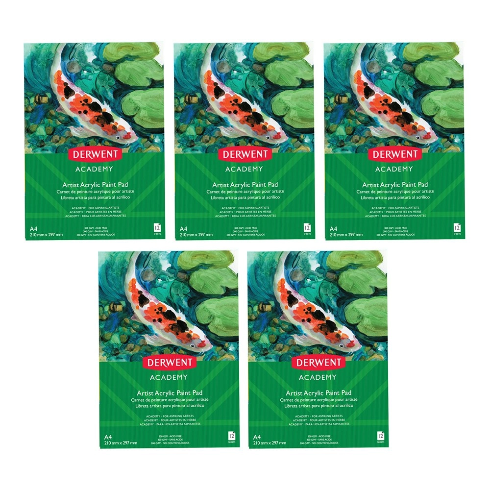 5x Derwent Academy Art/Craft Acrylic Paint Paper Pad A4 Portrait 12 Sheet 300Gsm