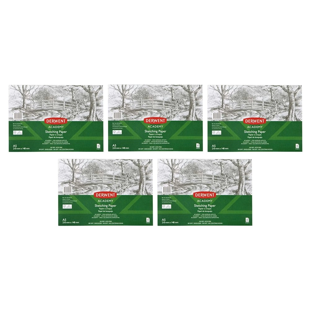 5x Derwent Academy Art/Craft Sketching Paper Pad A5 Landscape 30 Sheet 100Gsm