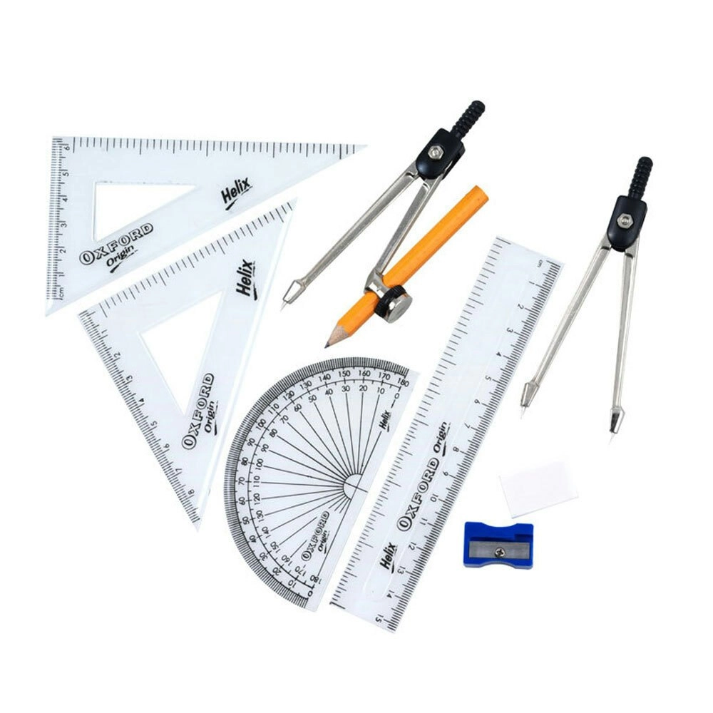 9pc Helix Mathematical Instruments Study Set School Ruler/Protractor w/Metal Box