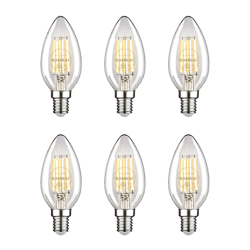 6x Sansai Home/Office LED 220lm Clear Filament Light Bulb C35 2W E14 Warm White