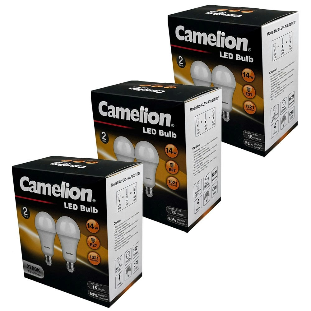 6pc Camelion LED Light Bulb E27 14W 240V Edison 1521 Lumens Warm White 2700K