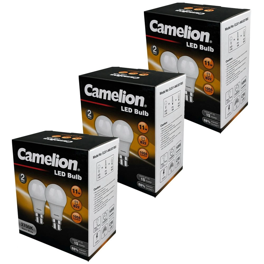 6pc Camelion LED Light Bulb B22 11W 240V Bayonet Globe Warm WHT 1055 Lumen 2700K