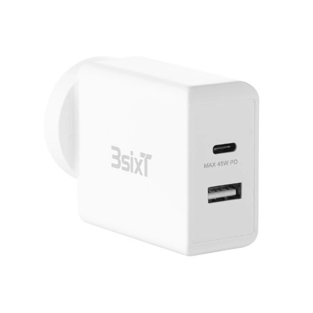 3sixT 45W Wall Charger AU/NZ Plug Dual Port USB-C 2.4A For iPhone/Samsung White