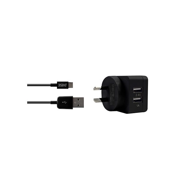 3sixT 1m xDual USB AC Charger 3.4A w/Micro USB Cable Fast Charge Connector BLK