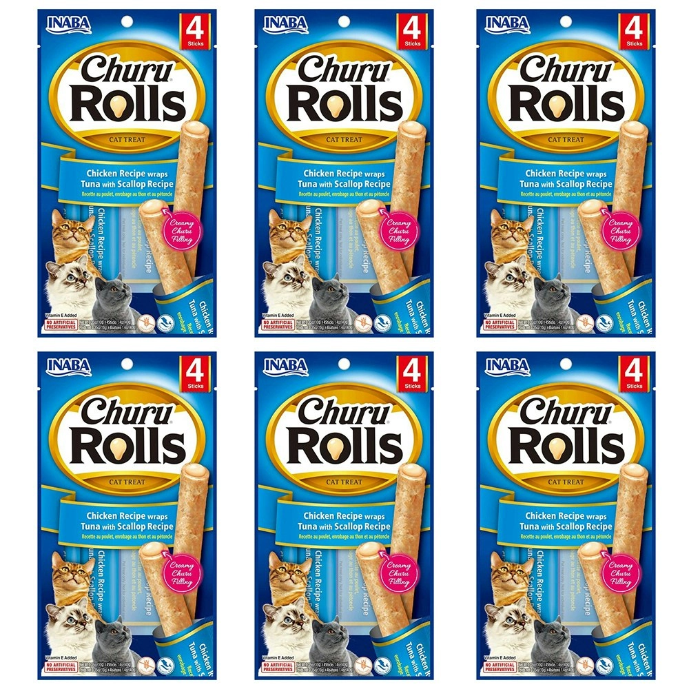 6PK INABA 40g Churu Rolls Chicken Wraps Tuna w/ Scallop Recipe Cat Pet Food Pack