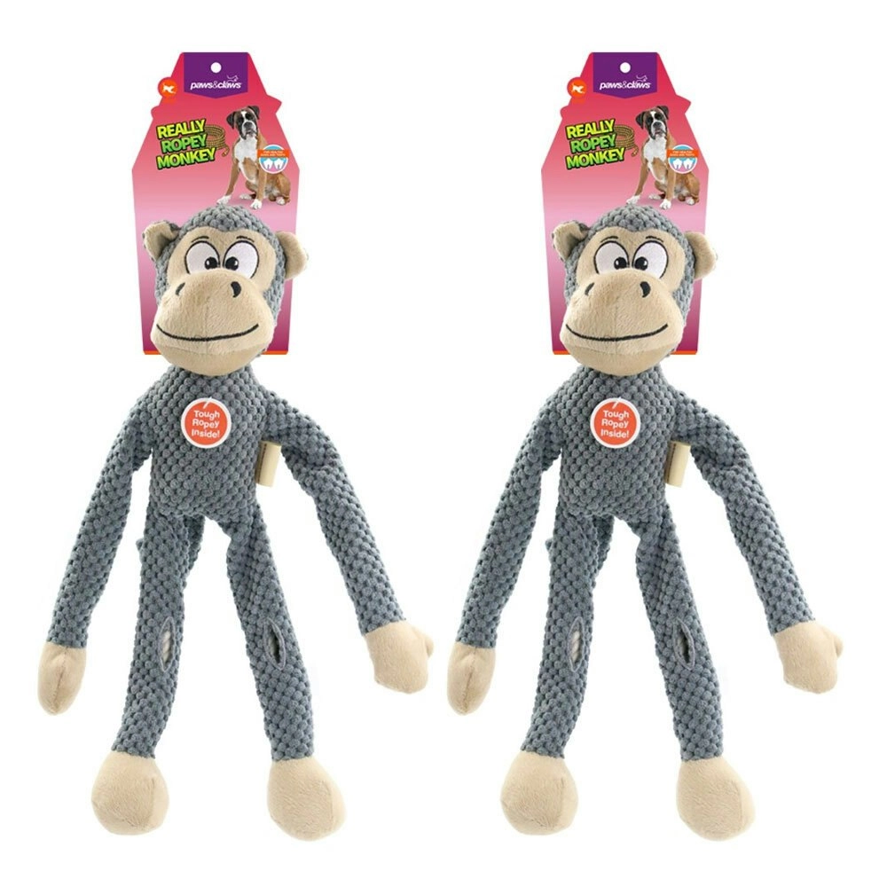 2x Paws & Claws 38cm Really Ropey Monkey Animal Pet Plush Dog Chew/Play Toy Grey