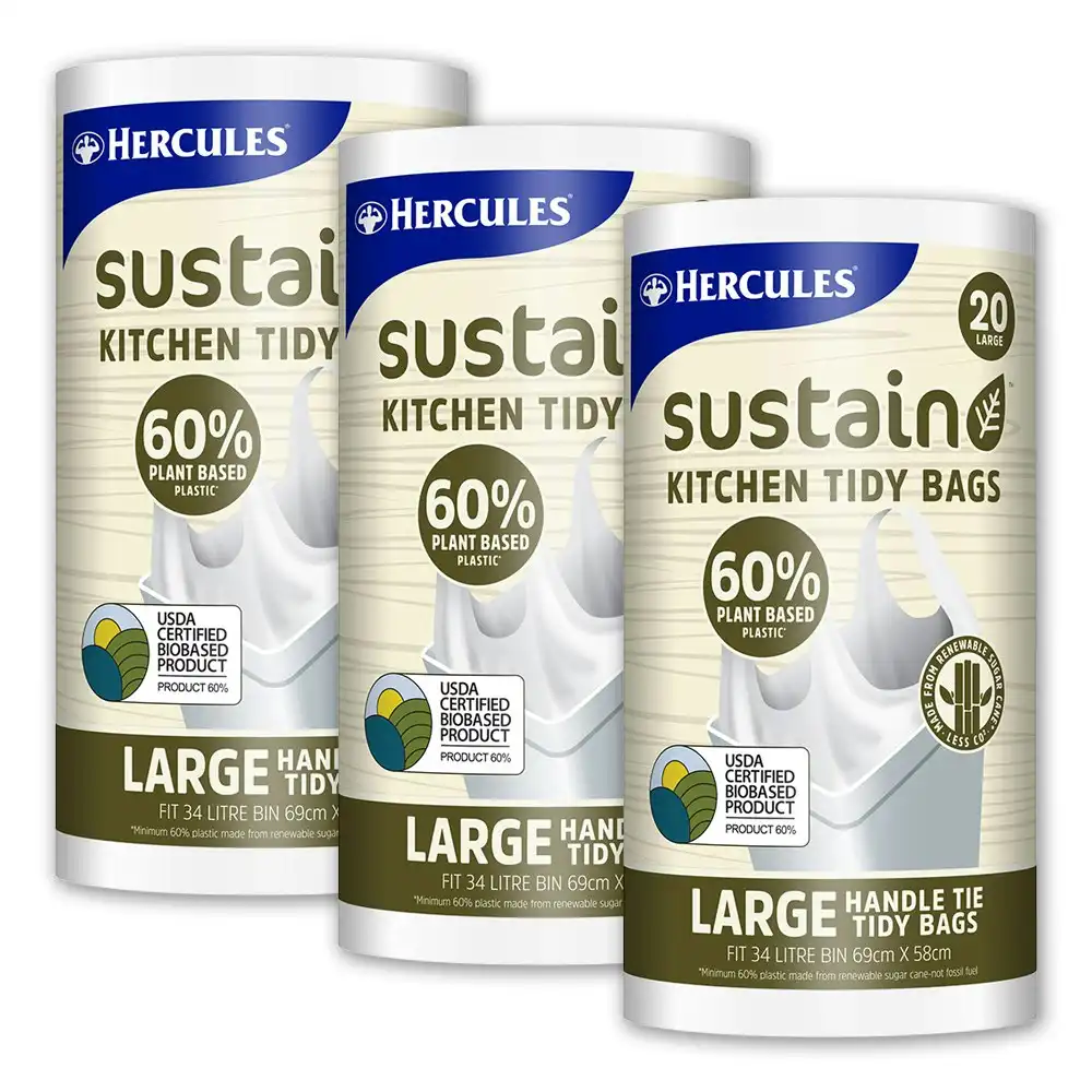 60pc Hercules Sustain 34L Large Garbage/Trash Bin Bags Plant Based Waste Plastic