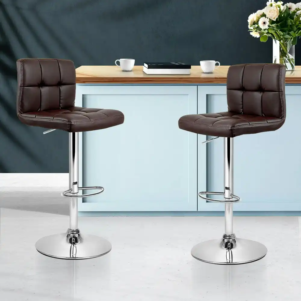 Artiss 2x Bar Stools Leather Gas Lift Brown