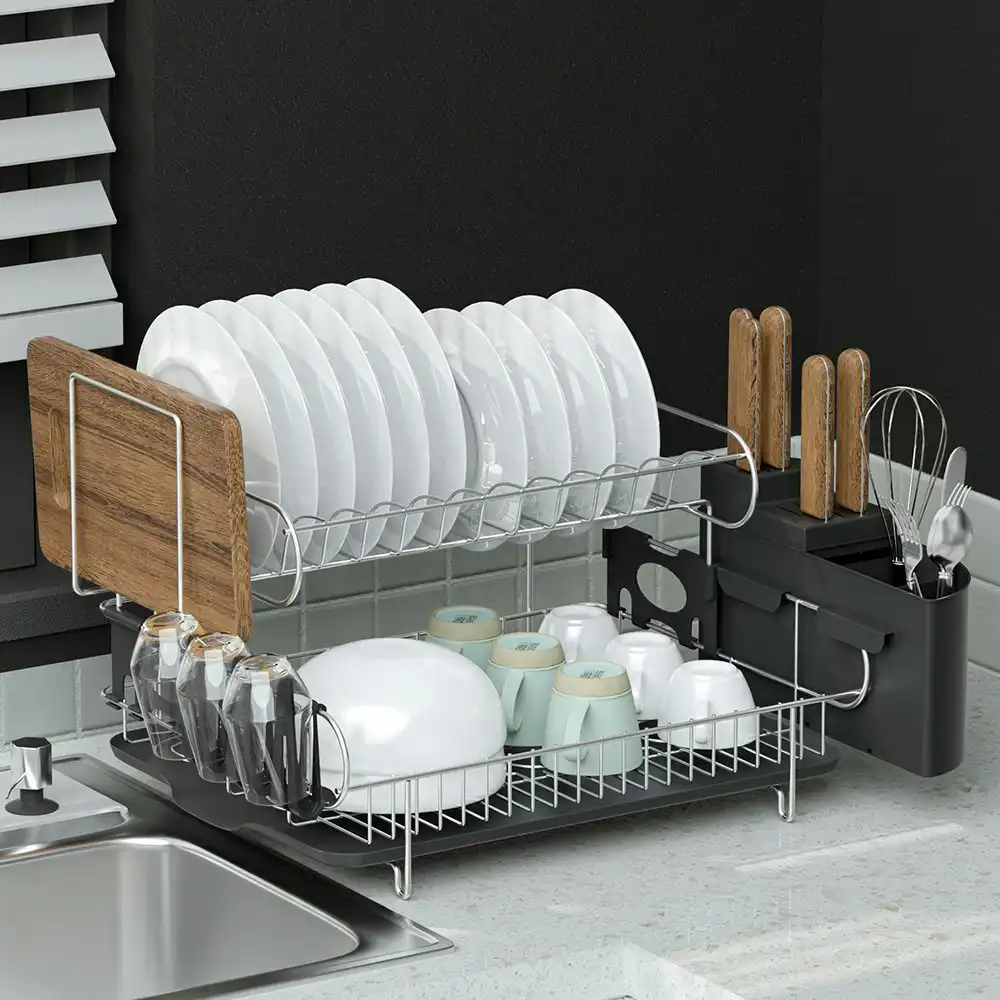 Cefito Dish Rack 2 Tiers - Silver and Black