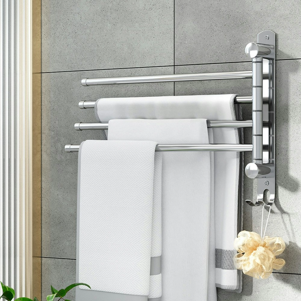 Towel Rail Rack Holder 4 Bars Wall Mounted Stainless Steel Swivel Hanging Hook