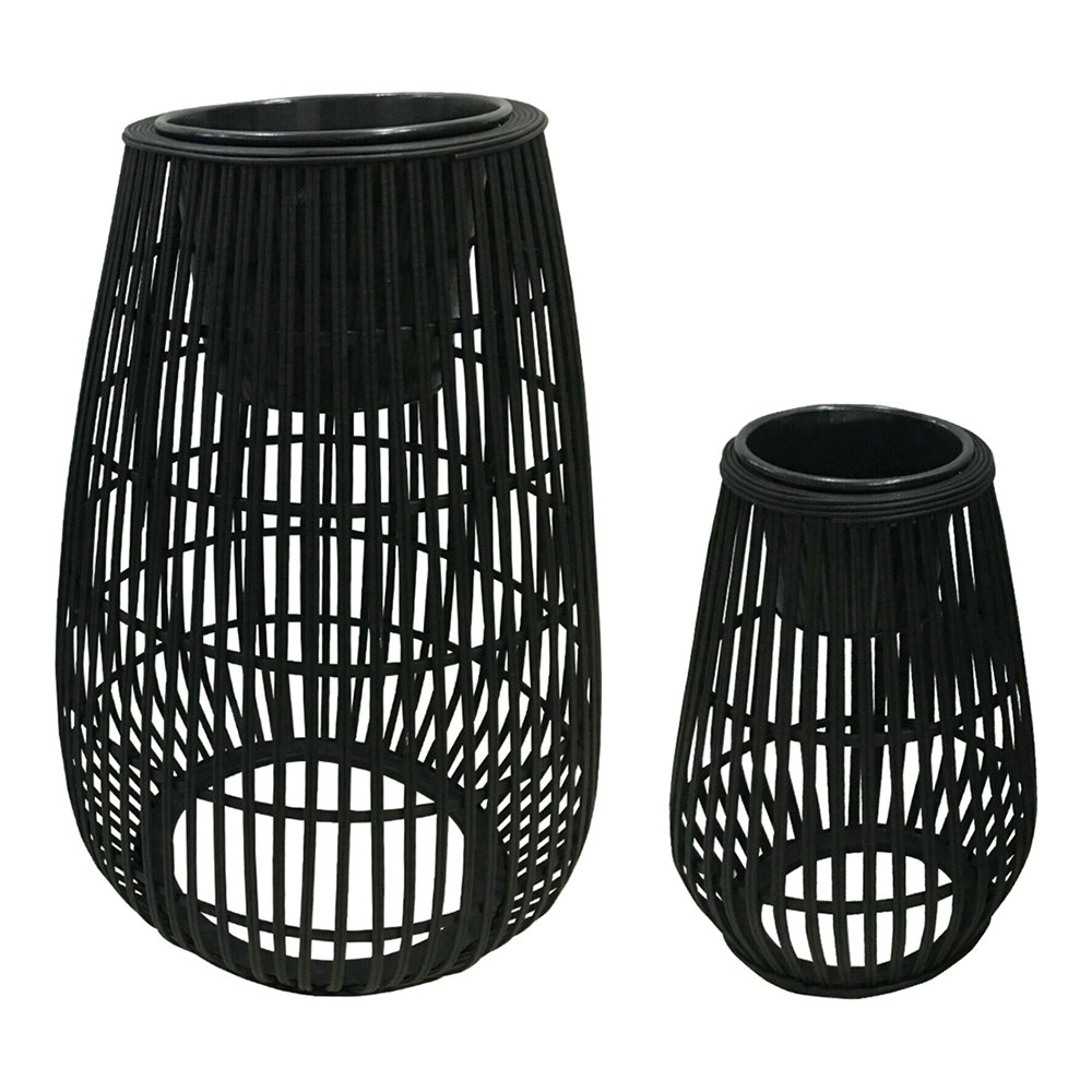 2pc Planter Coastal 37/65cm Bamboo/Metal Home Decor Plant Stand Holder Set Black