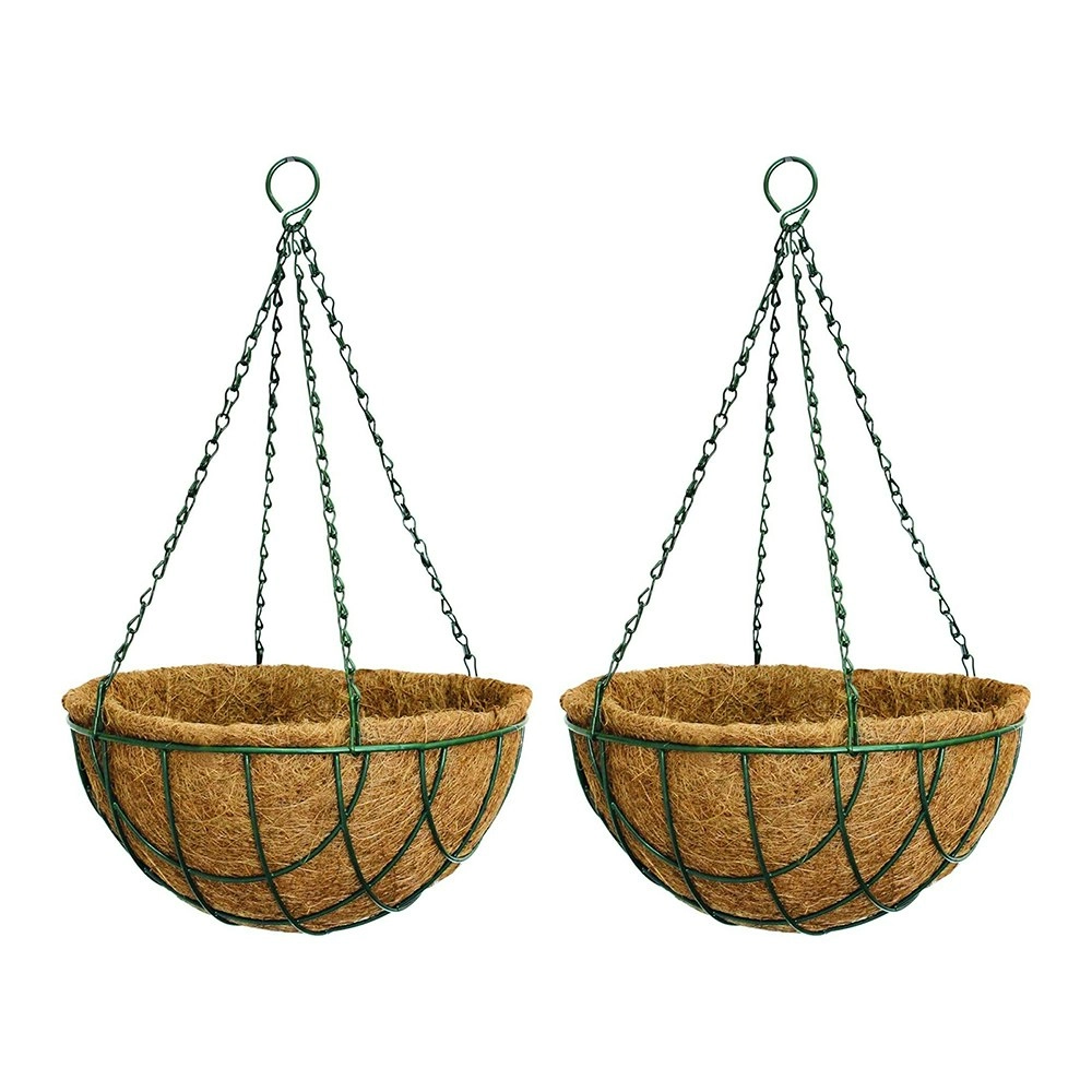 2x Northcote Pottery Lattice Wire Hanging Plant Basket Steel/Coco Fibre 30cm GRN