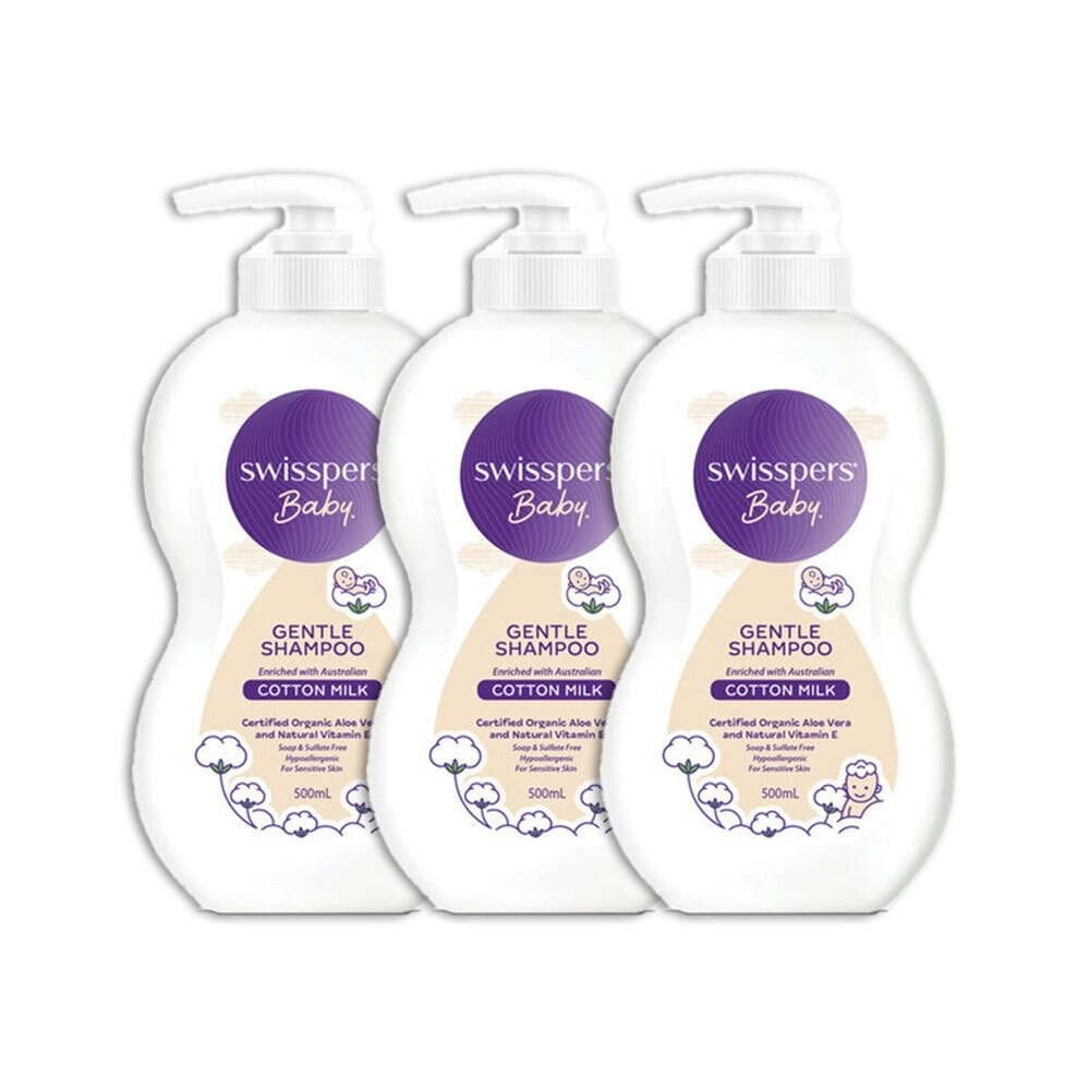 3x Swisspers Mild Extra Soft Baby Cotton Milk Gentle Vegan Hair Shampoo 500ml