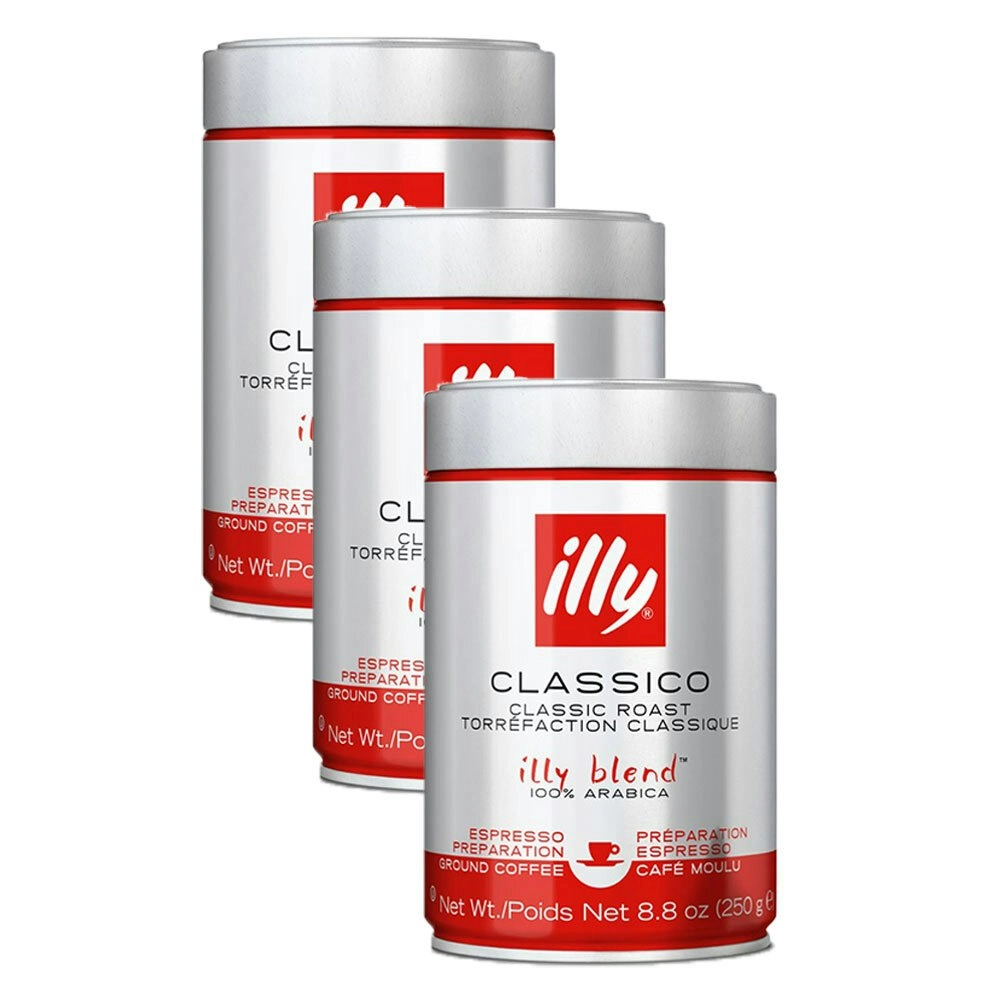 3x Illy 250g Classico Espresso Arabica Ground Coffee Classic Roast/Sweet Notes