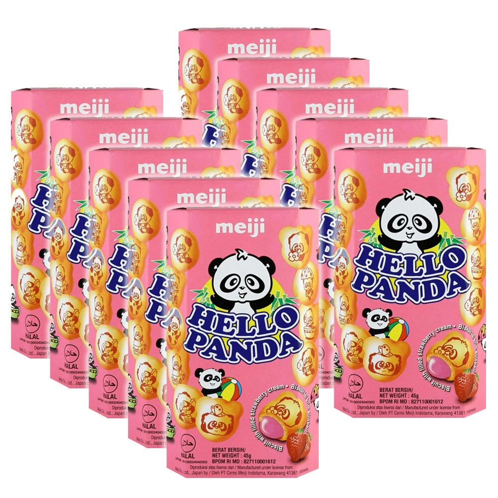 10x Meiji Hello Panda 45g Strawberry Biscuits Sweet/Snack/Treat Confectionery