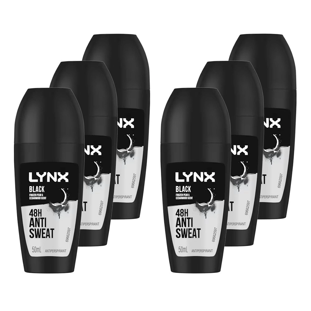 6x Lynx Men 50ml Antiperspirant Roll On 48Hr Sweat Protection f/Underarms Black