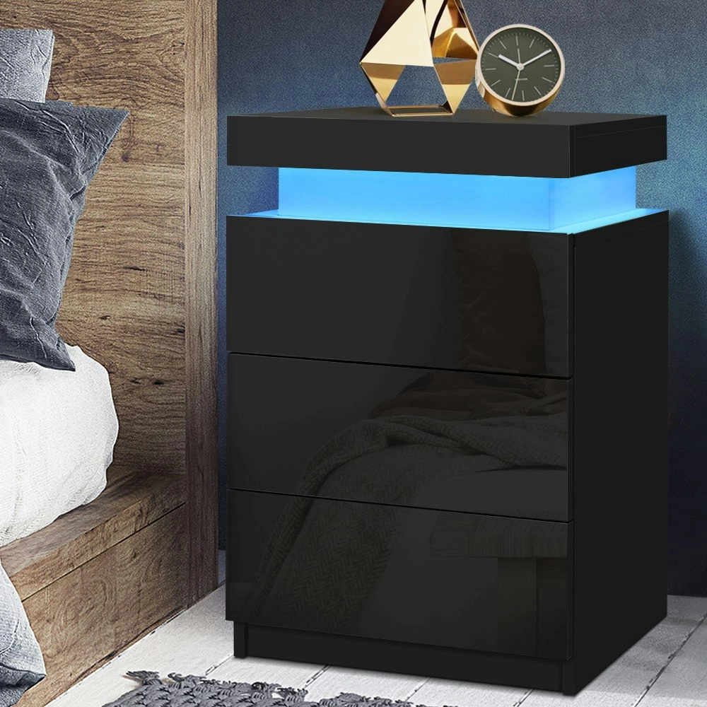 Artiss Bedside Table LED 3 Drawers - COLEY Black