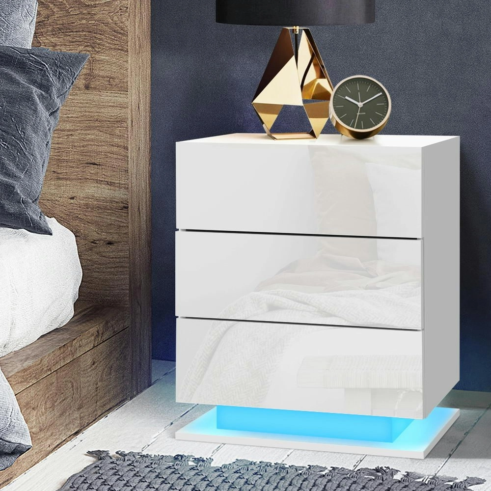 Artiss Bedside Table LED 3 Drawers - MORI White