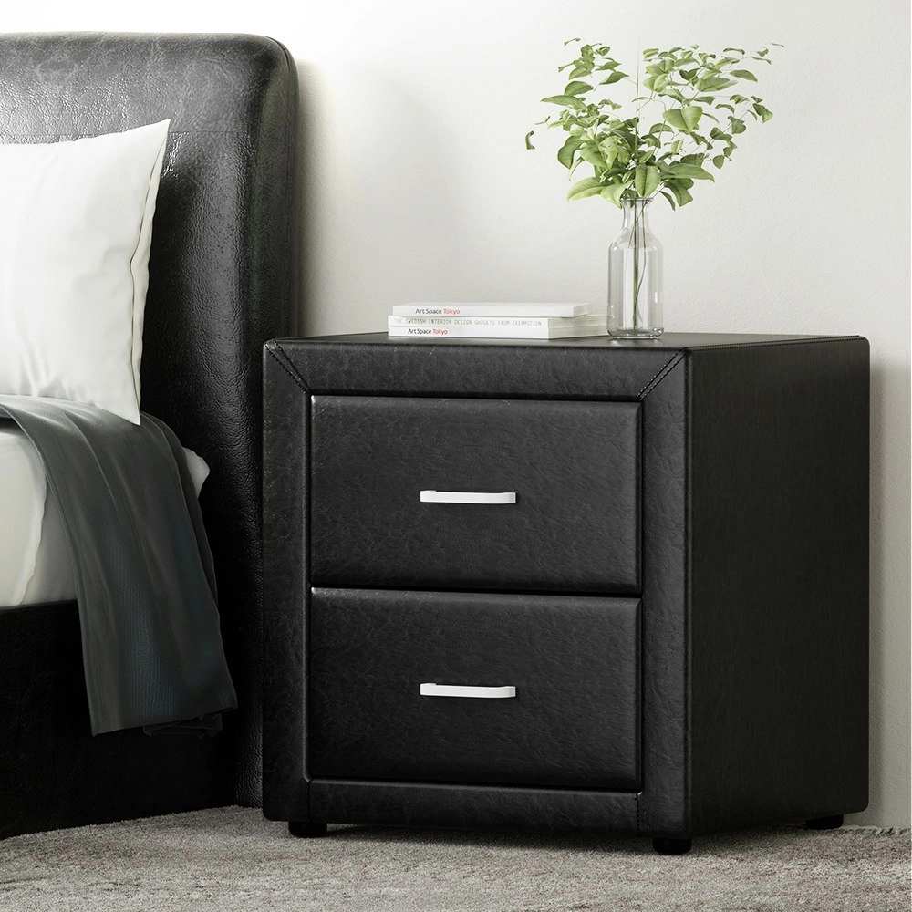 Artiss Bedside Table 2 Drawers Side Table Leather - CADEN Black