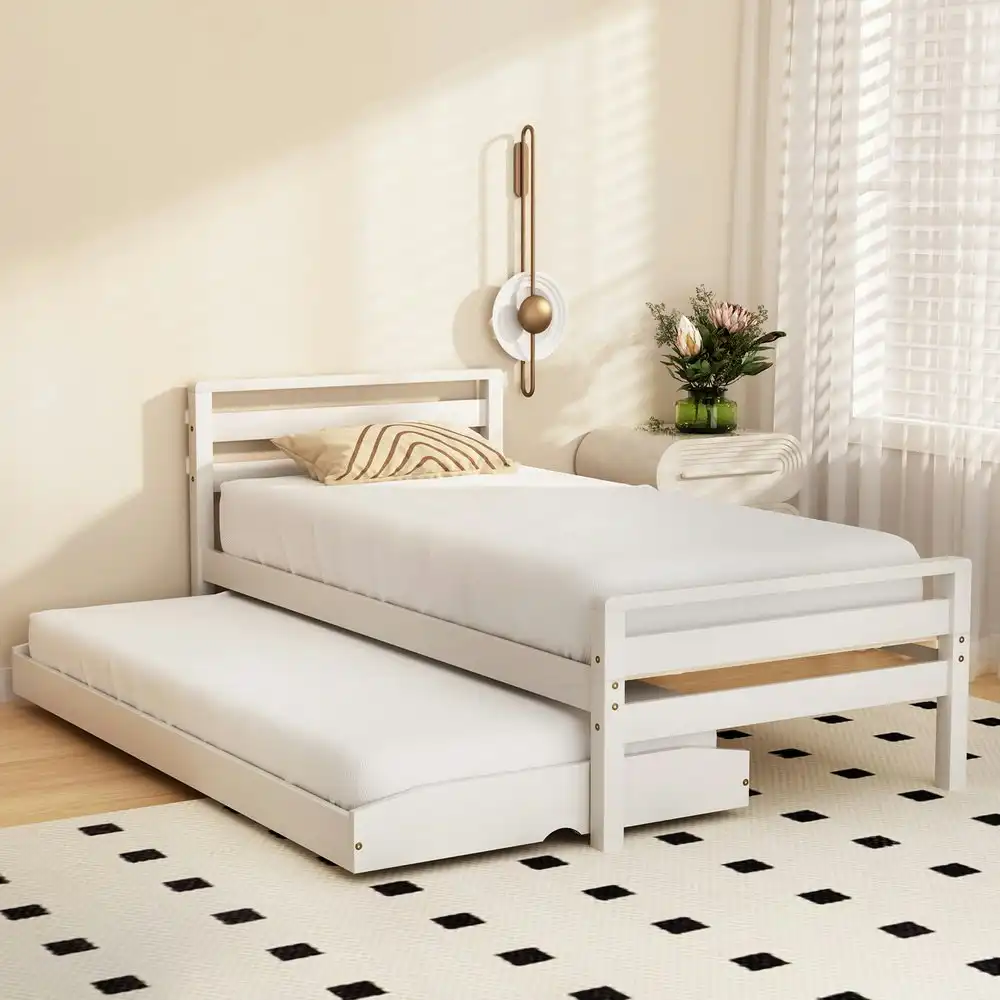 Artiss Bed Frame Single Size 2-in-1 Trundle Wooden White AVIS