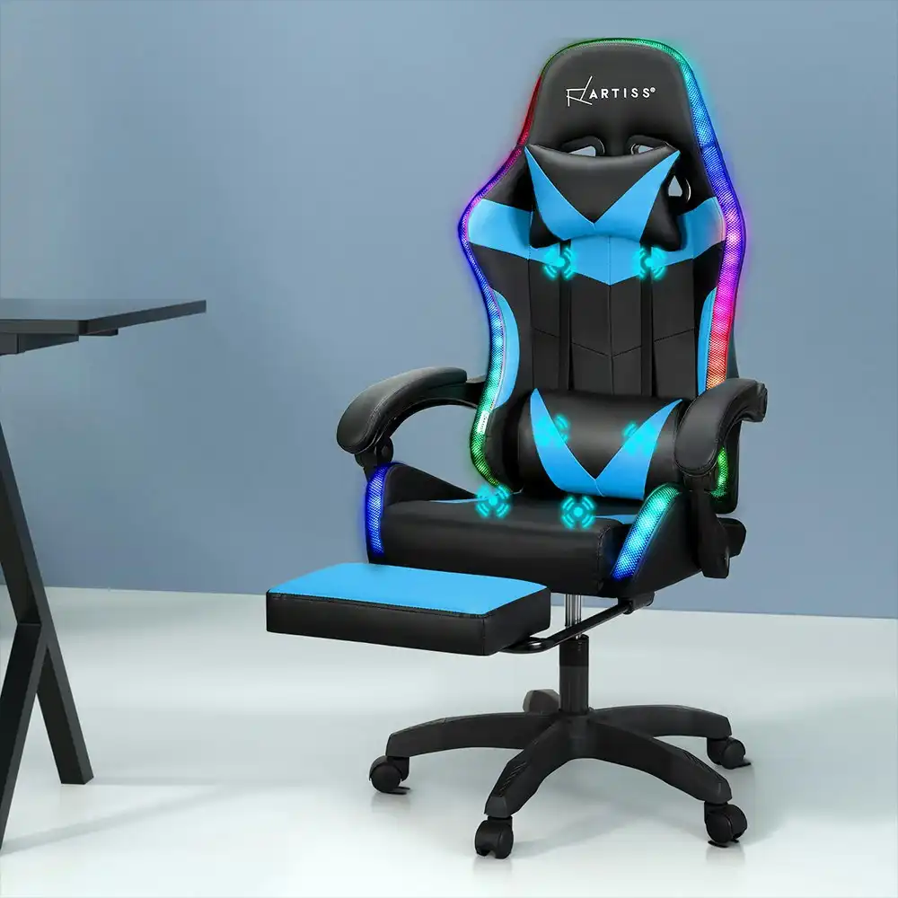 Artiss 6 Point Massage Gaming Office Chair 7 LED Footrest Cyan Blue