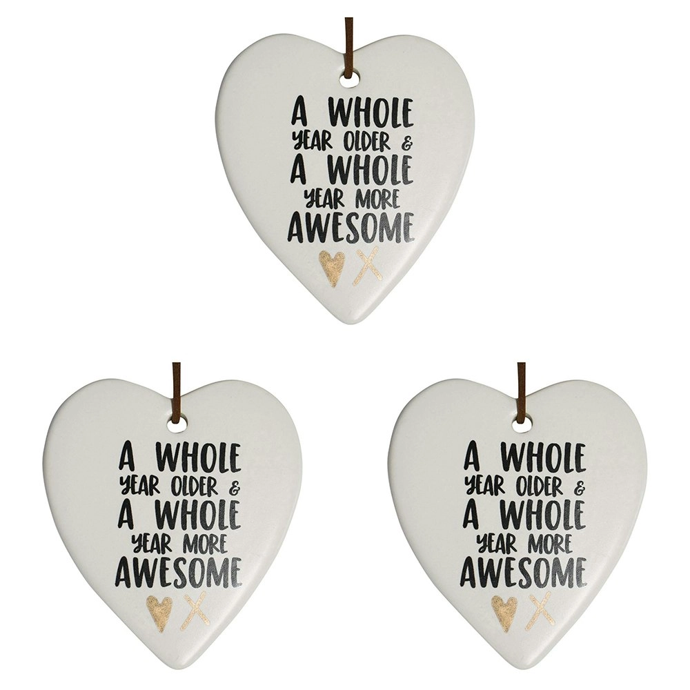 3x Ceramic Hanging 9cm Heart Year Older w/Hanger Ornament Home/Office Room Decor