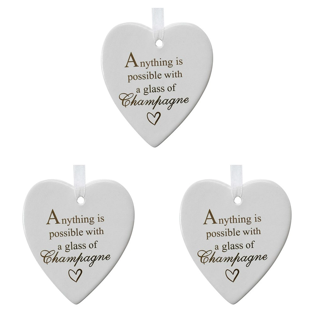 3x Ceramic Hanging 9cm Heart Champagne Poss w/ Hanger Ornament Home/Office Decor