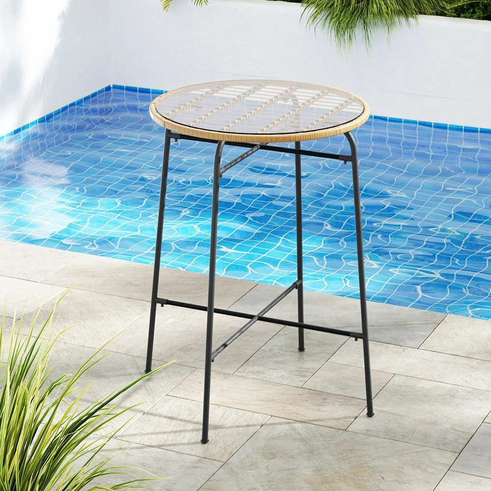 Gardeon Outdoor Bar Table Wicker Dining Bistro Glass Table Steel