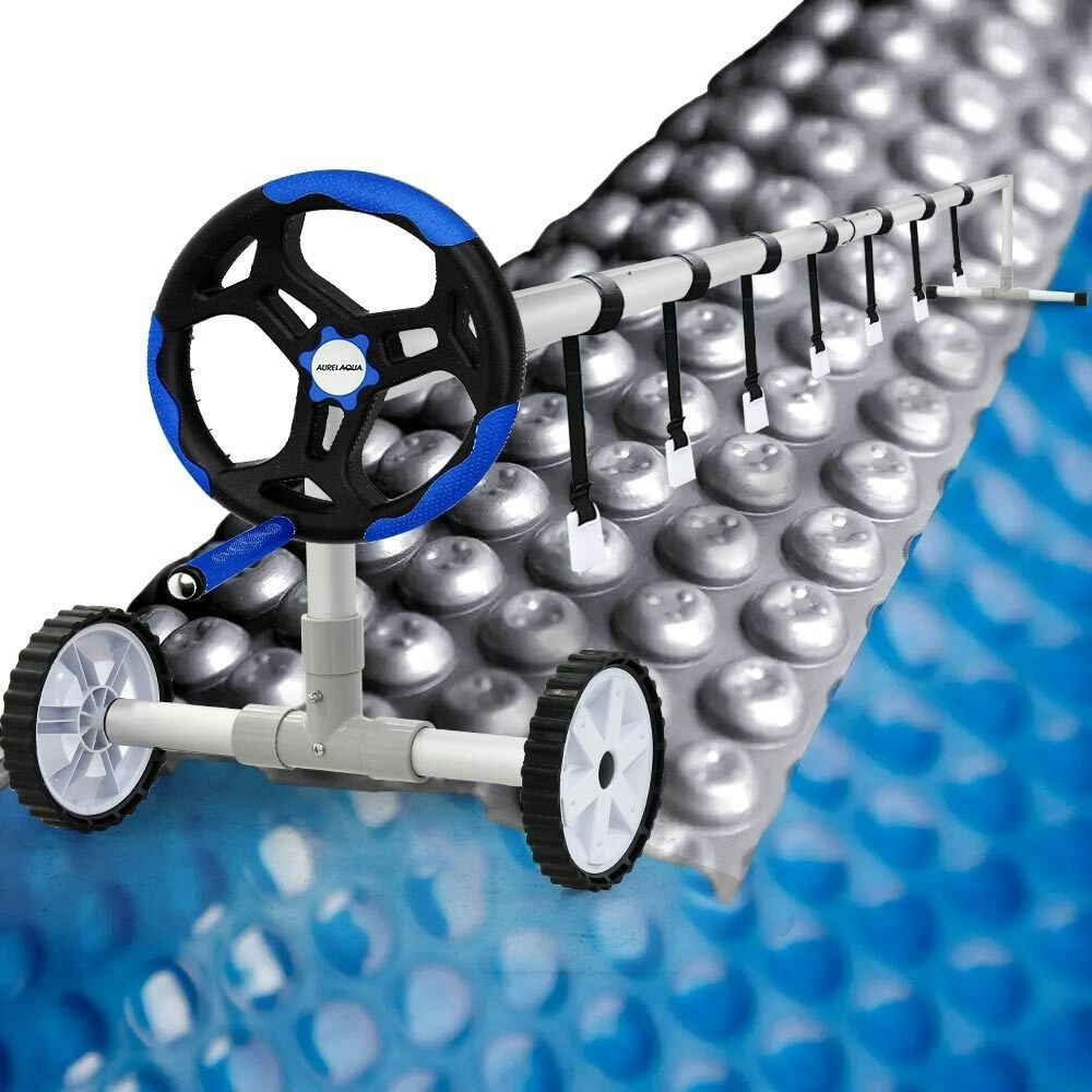 Aurelaqua Cover Pool Roller and 6x3.2m Solar Blanket 400 Micron, Blue/Silver