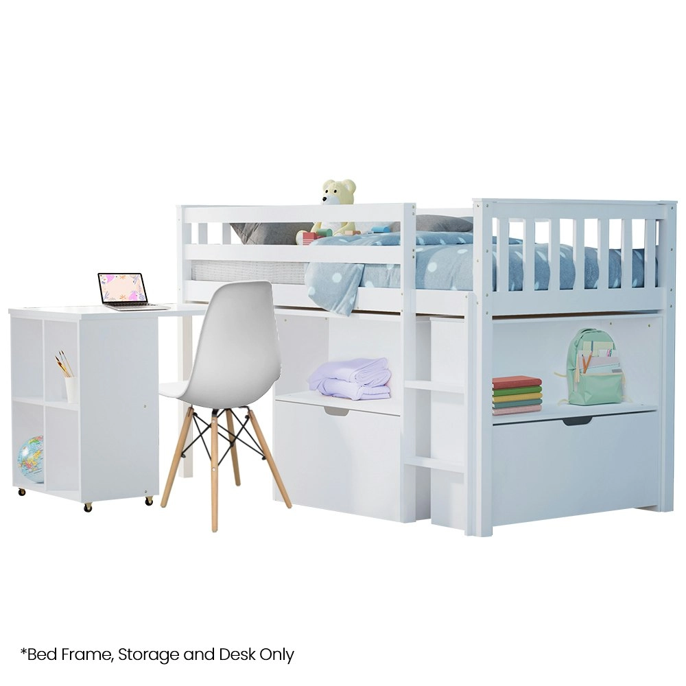 Kingston Slumber Wooden Kids Single Loft Bed Frame with Pull Out Desk, Storage Drawers - White