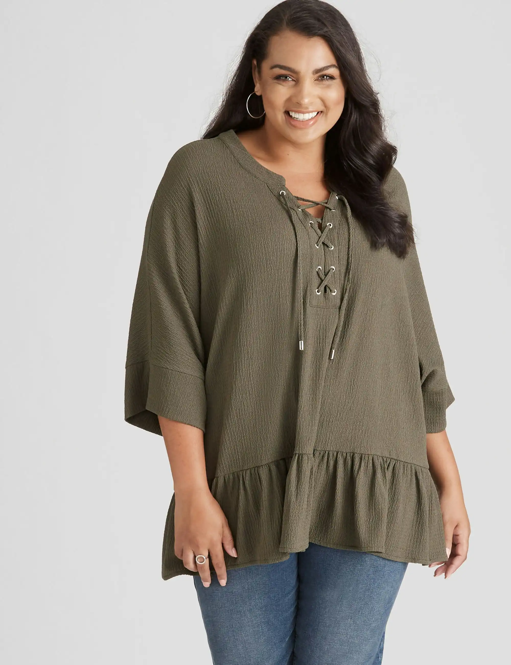 beme Lace Up Frill Hem Shirt (Khaki)