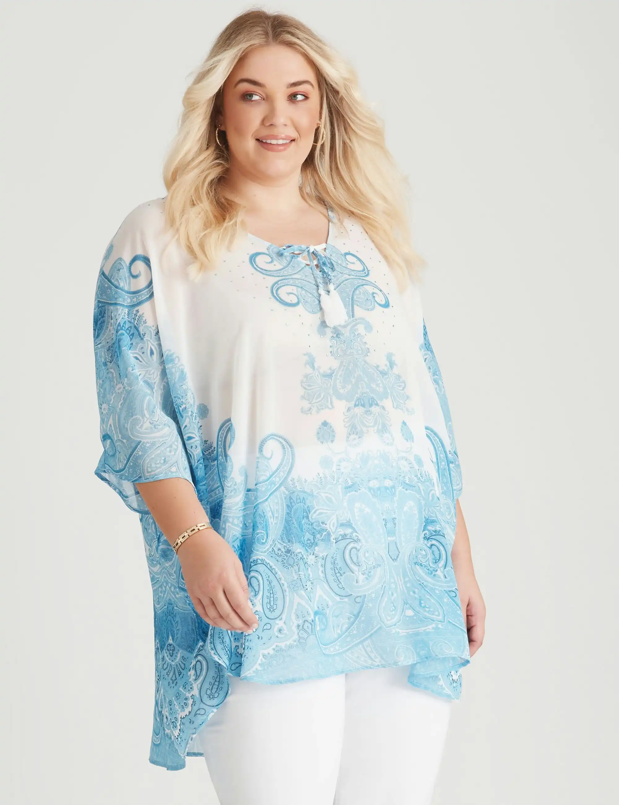 beme 3/4 Sleeve Woven Tie Neck Kaftan Top (Blue Border Paisley)