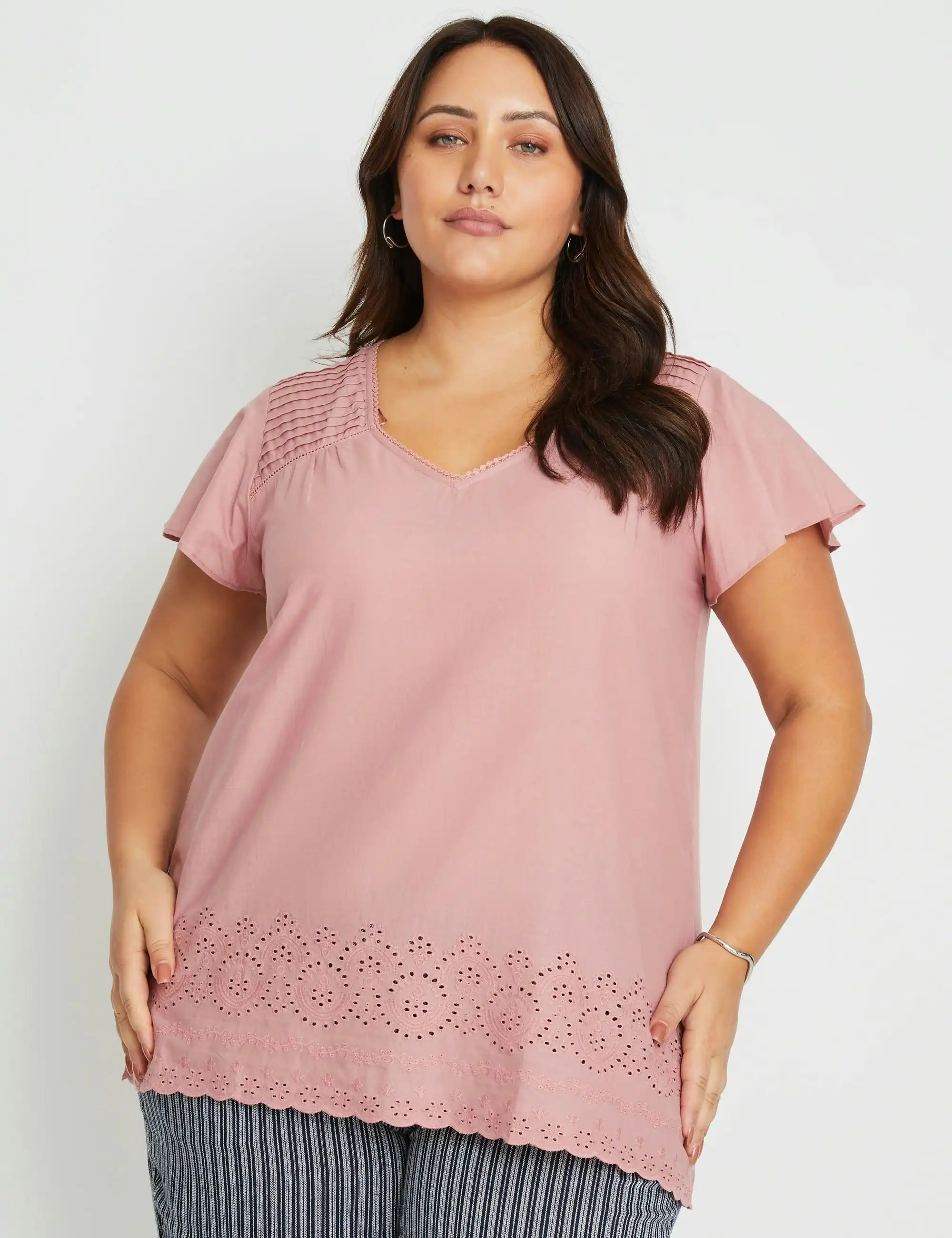 beme Cap Flutter Sleeve Cotton Top (Dusty Rose)