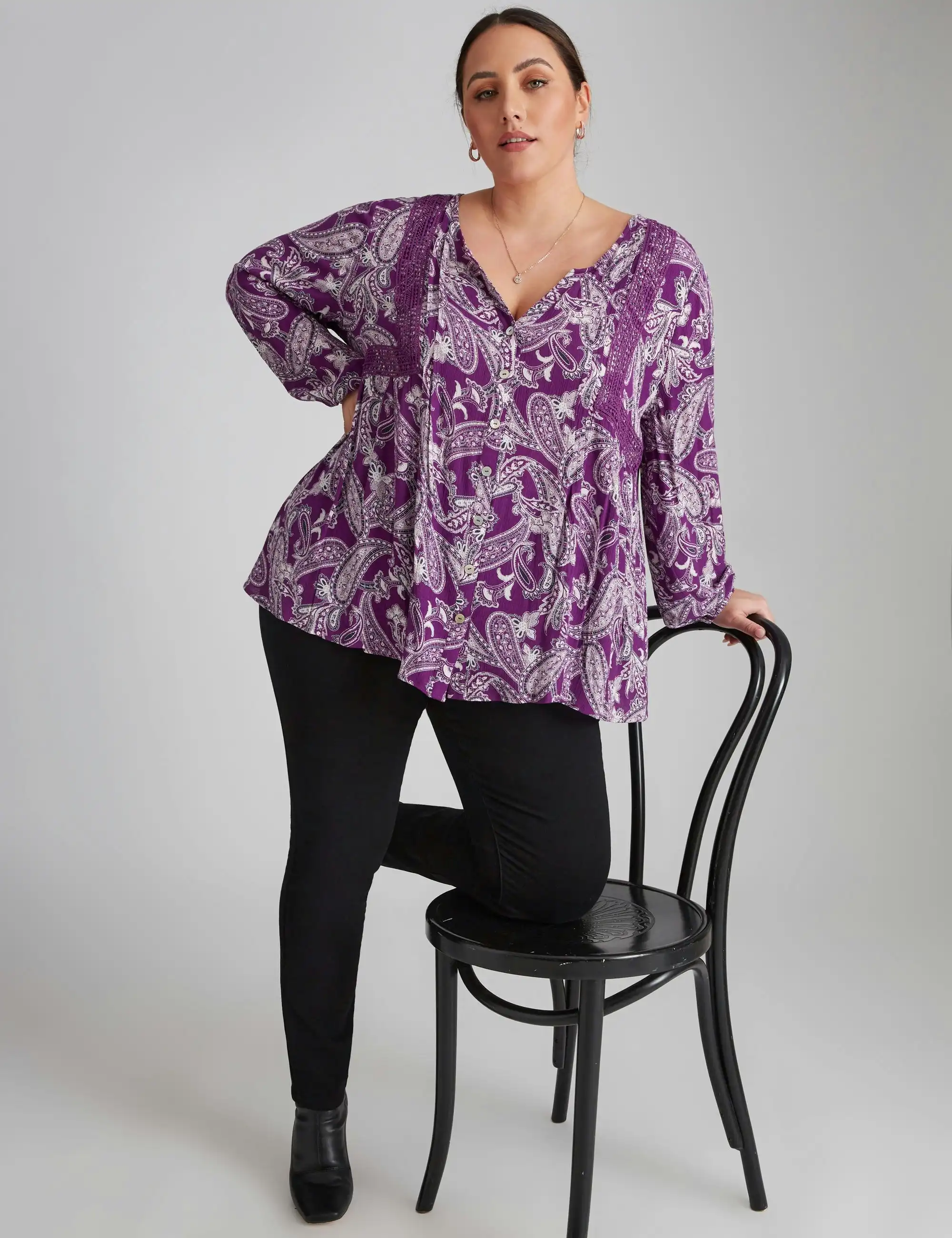 beme Long Sleeve Lace Insert Detail Button Thru Top (Purple Paisley)