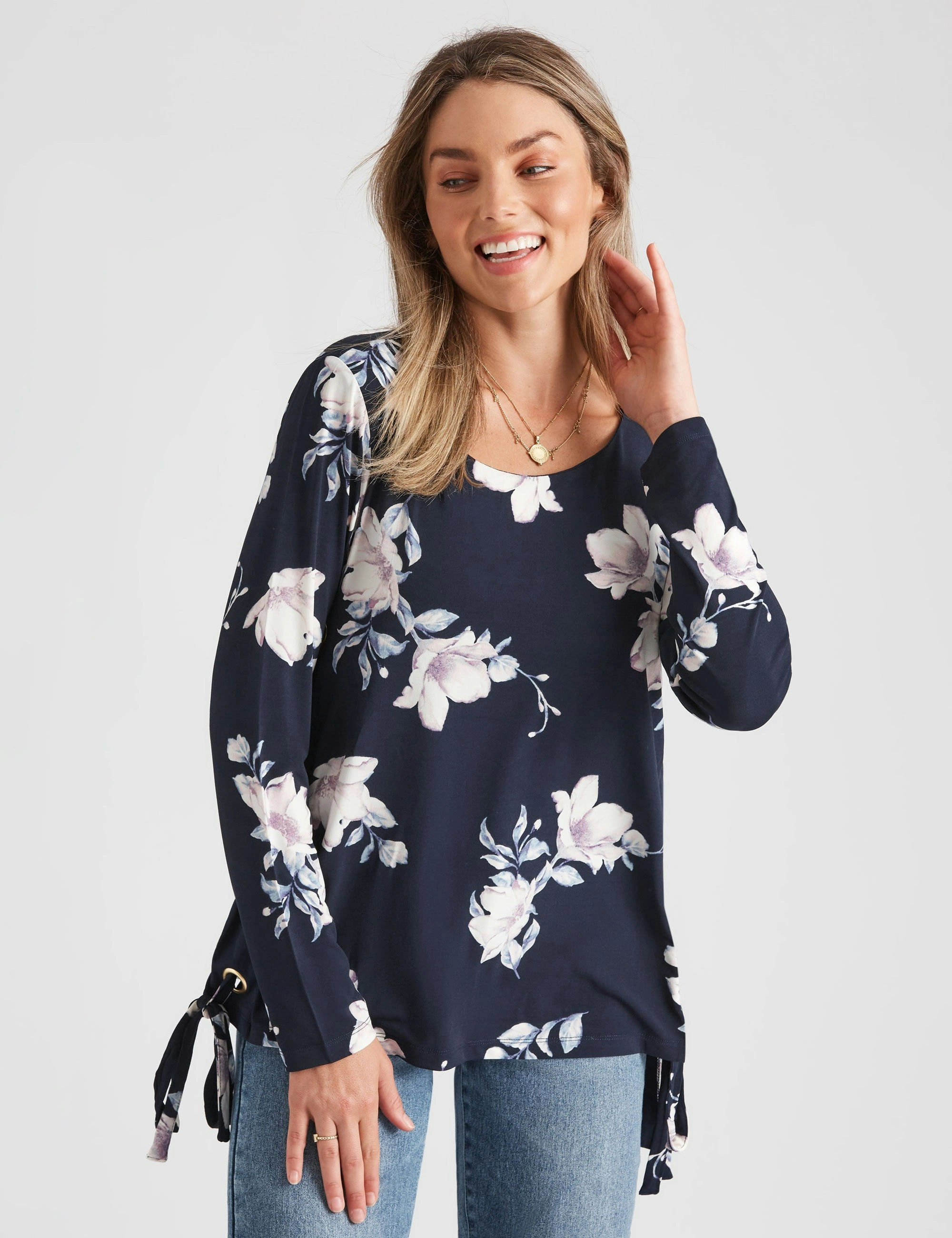 Rockmans Long Sleeve Knitwear Oversized Eyelet Top (Navy Floral)