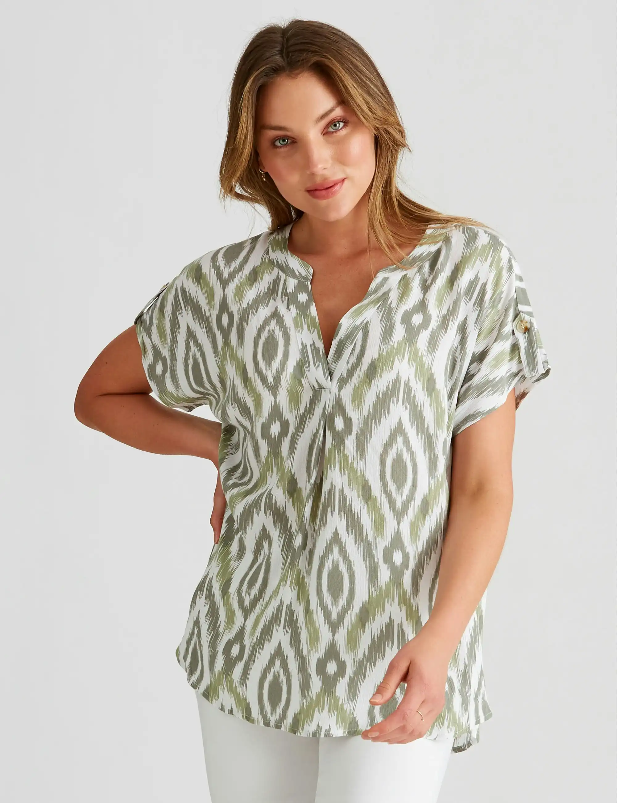 Rockmans Extended Sleeve Woven Button Tab Top (Green Ikat)