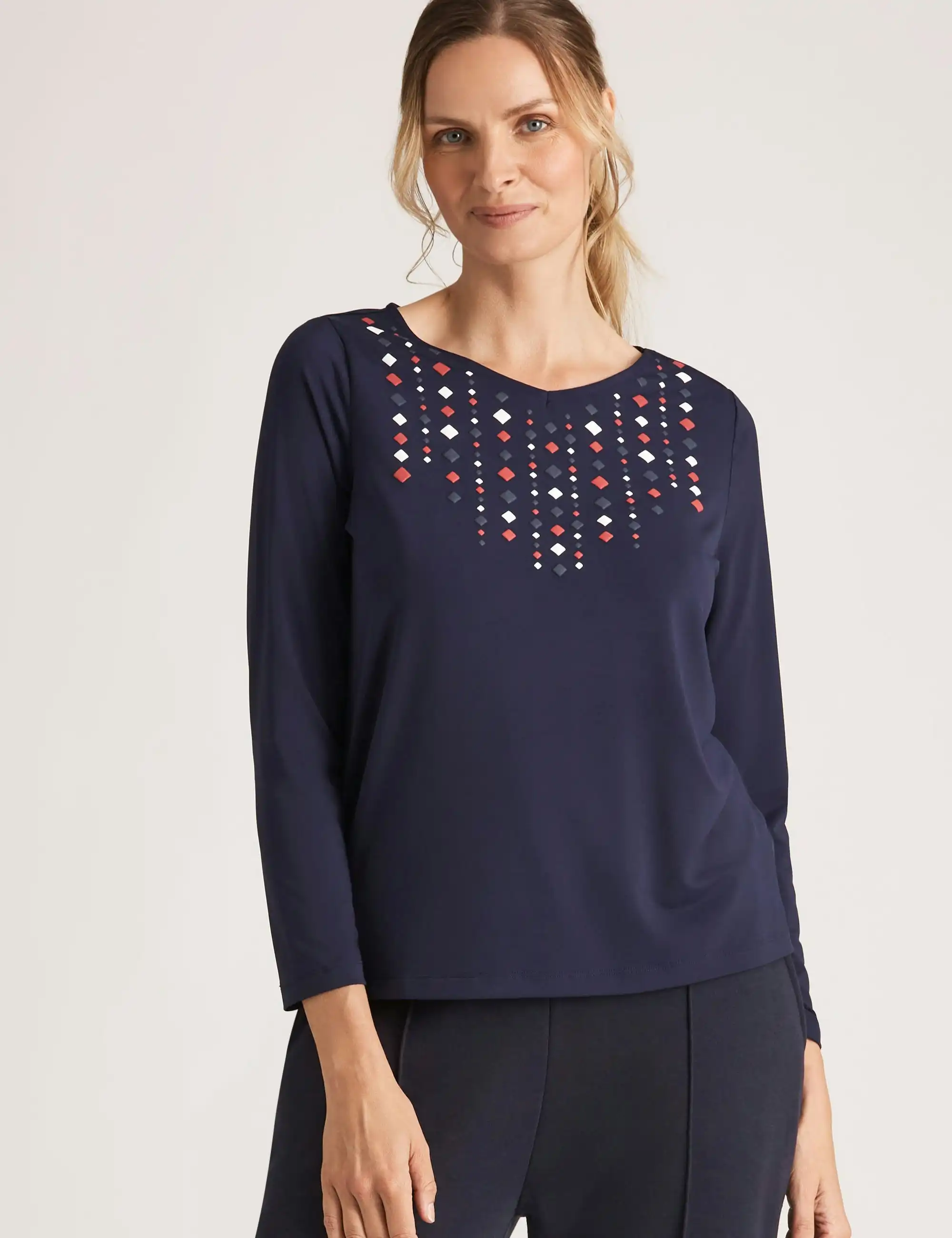 Noni B Puff Print V Neck Knitwear Top (Evening Blue)