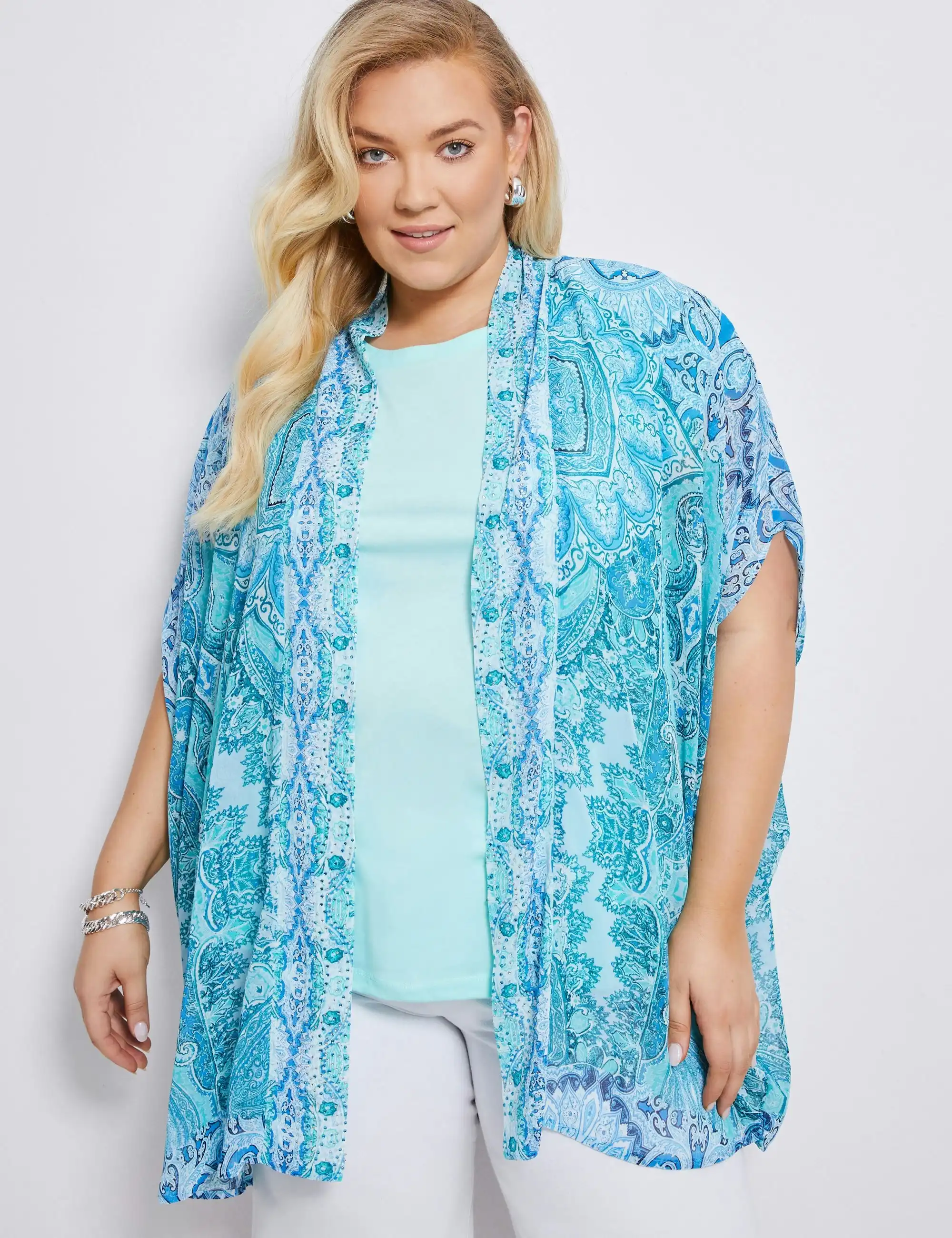 Autograph Woven 3/4 Sleeve Kimono Jacket (Medallion Placement)