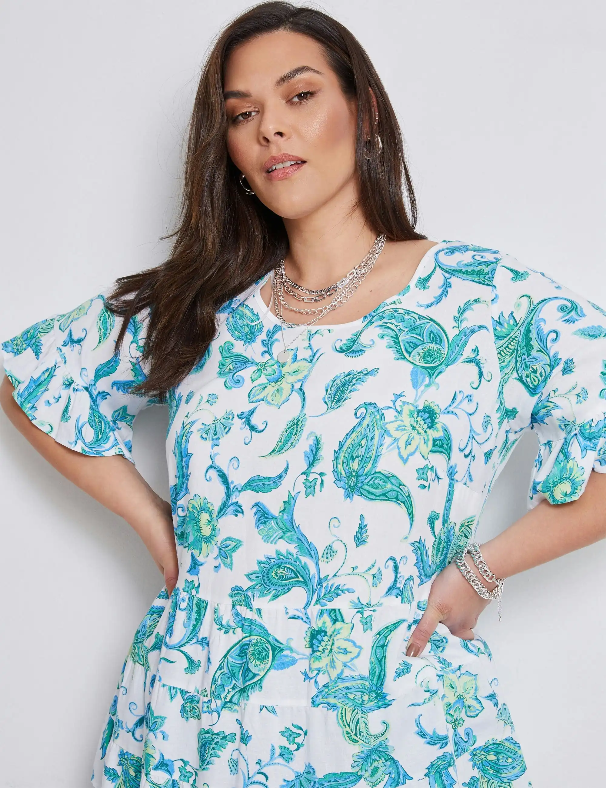 Autograph Elbow Sleeve Seamed Flounce Top (Colour Paisley)