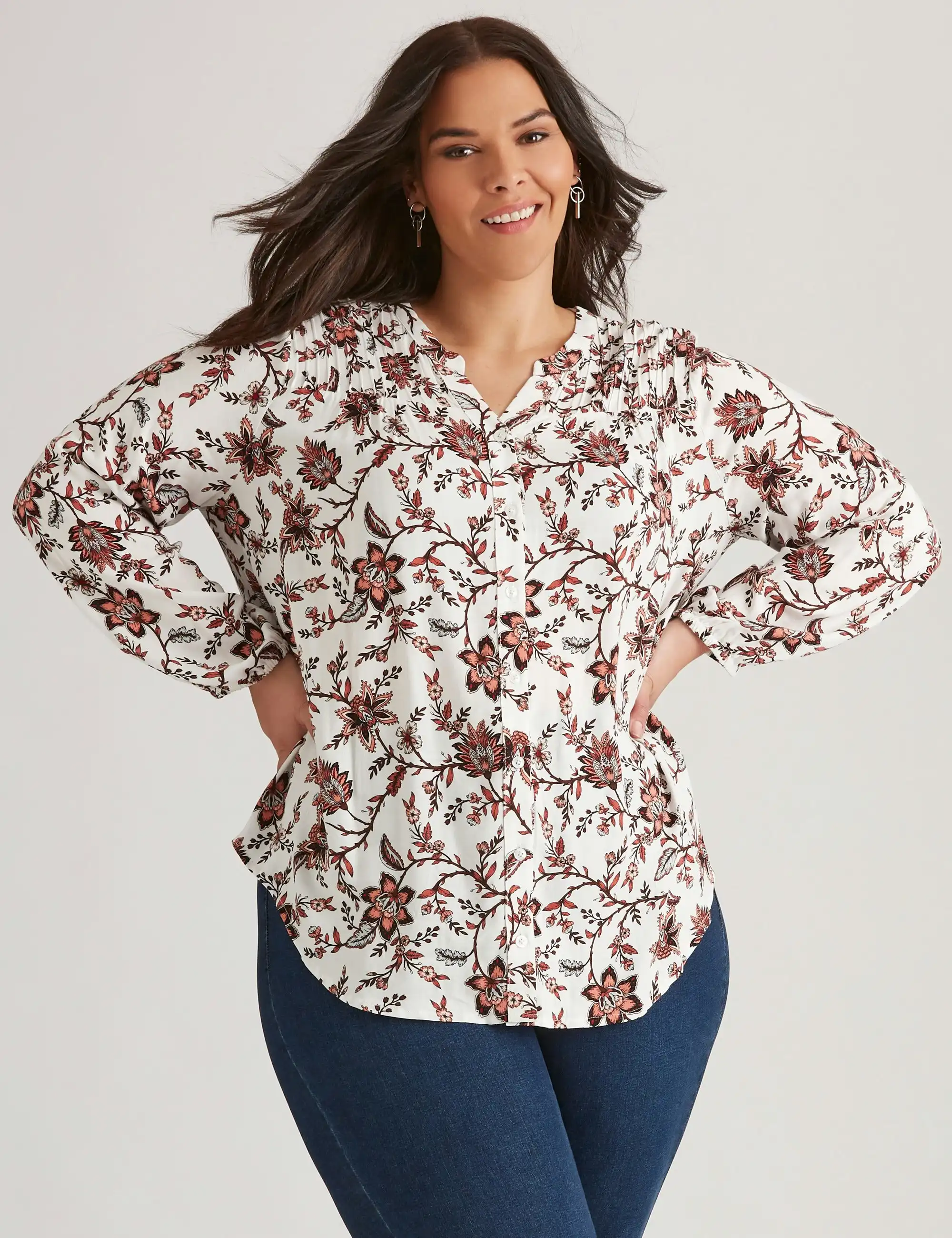 Autograph Woven 3/4 Sleeve Pintuck Top (Feminine Jacobean)