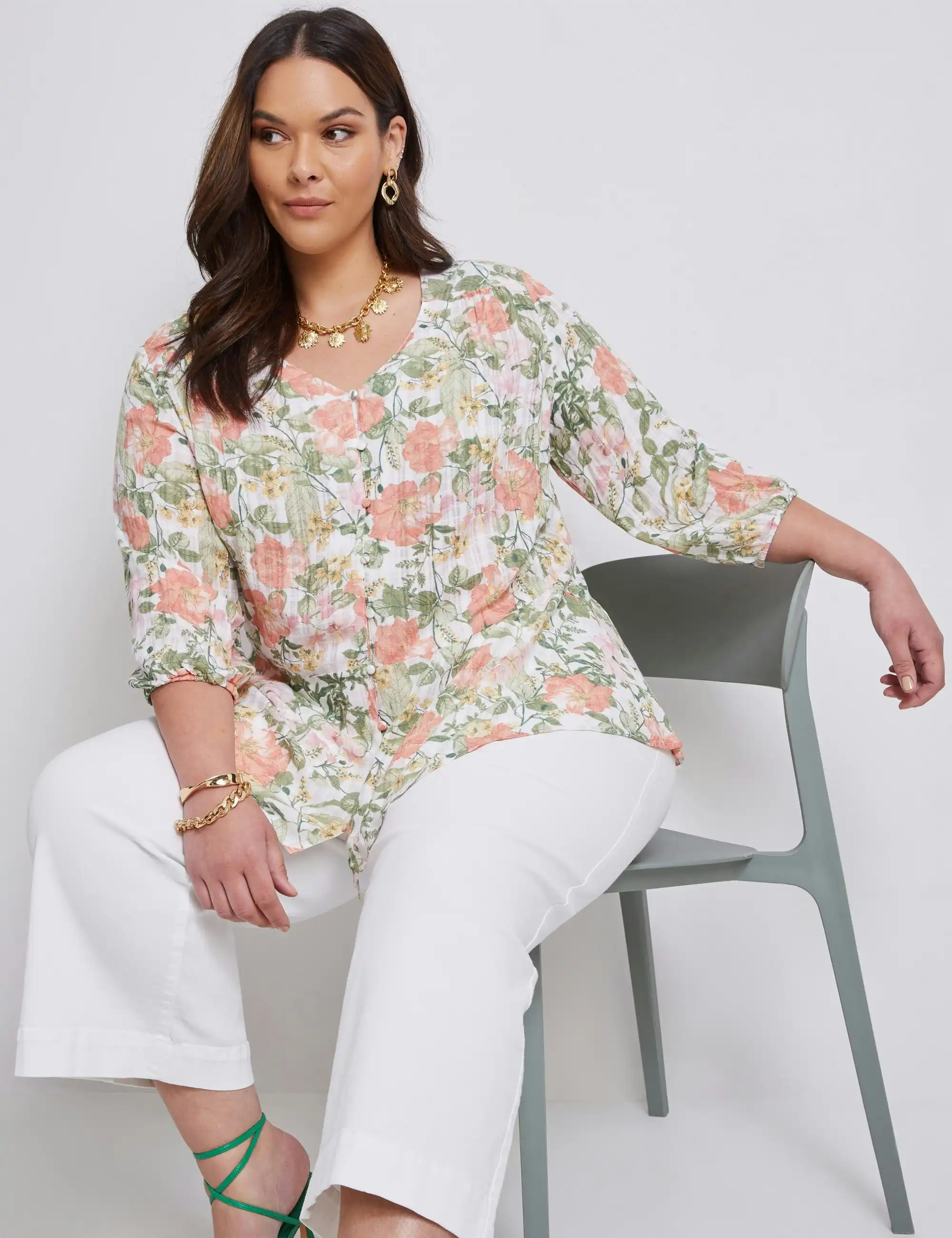 Autograph Woven 3/4 Sleeve Peplum Top (Romantic Floral)